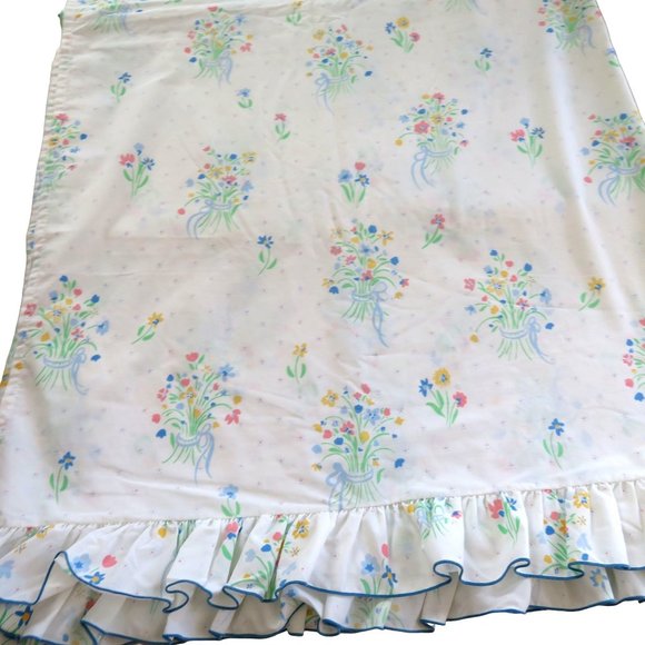 Vintage 1980 JP Stevens King Size Flat Sheet Ruffled Edge Floral Bouquet USA - Picture 3 of 6
